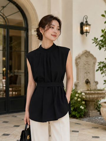Women’s High Neck Belted Blouse