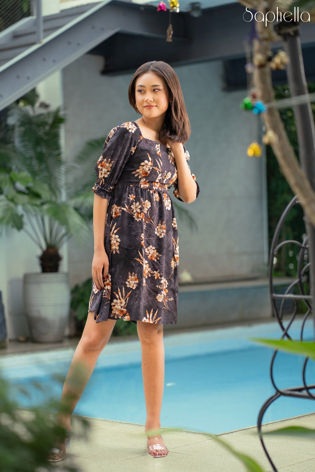 Noir Garden Puff-Sleeve Dress