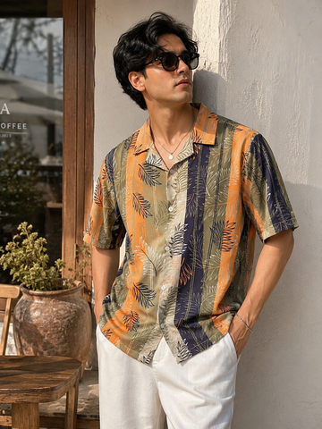 Men's Tropical Leaf Print Short Sleeve Shirt
