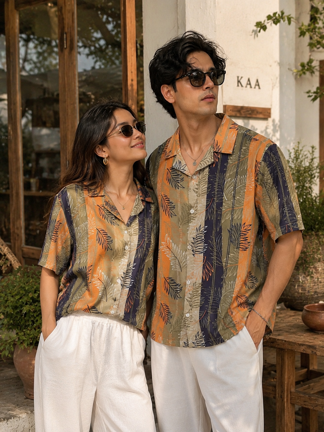 Tropical Stripe Couple Shirt Set