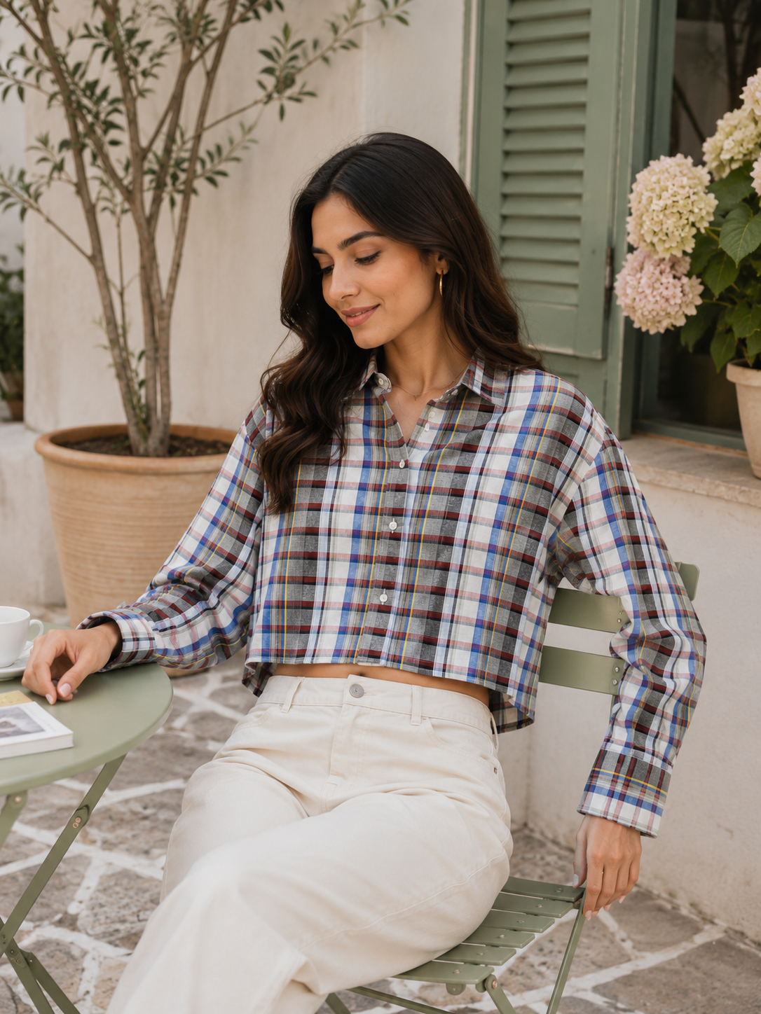 Women's Cropped Plaid Cotton Shirt