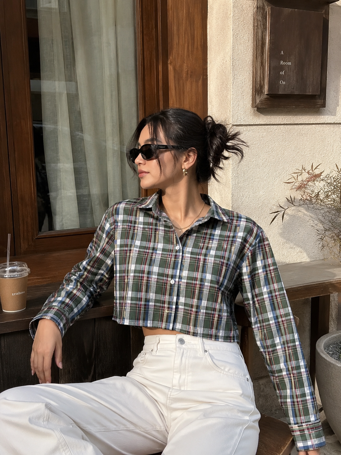 Olive Checkered Cropped Cotton Dropshoulder Shirt