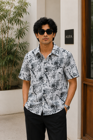 Men's Monochrome Abstract Print Short Sleeve Shirt