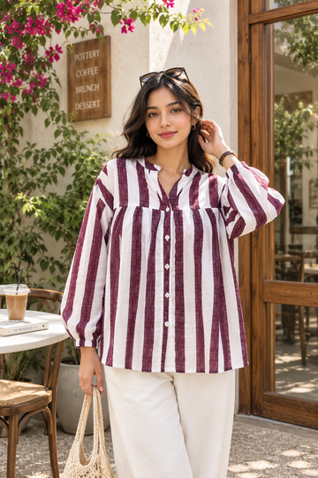 Women's Burgundy & White Striped Cotton Tunic Top